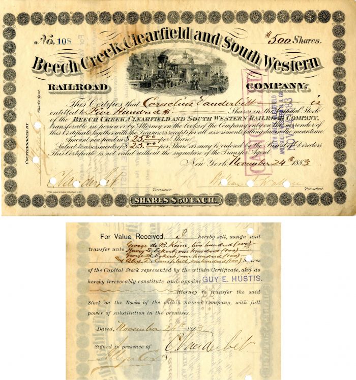 Beech Creek, Clearfield and South Western Railroad Co. Issued to and Signed by C. Vanderbilt- Stock Certificate