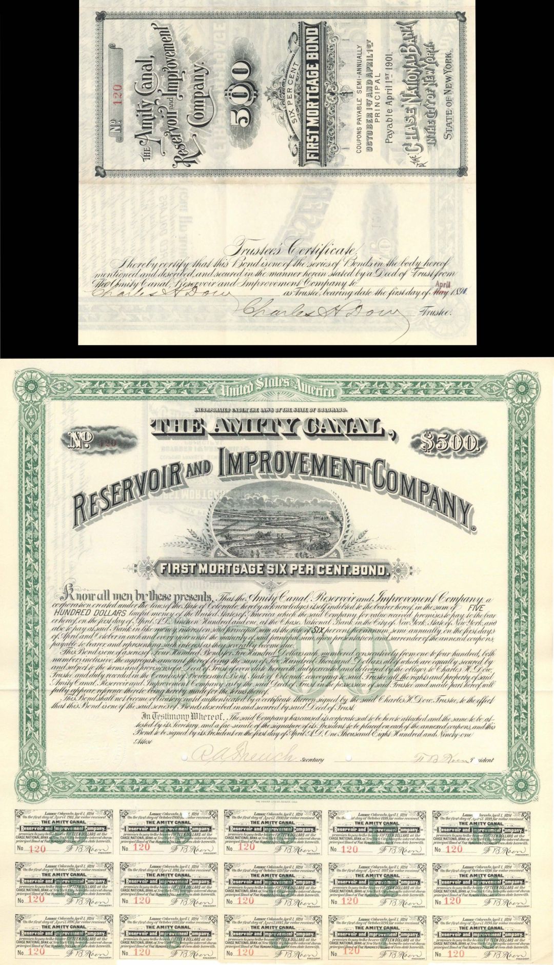 Amity Canal, Reservoir and Improvement Co. Uncanceled Bond signed Twice by Charles H. Dow of Dow Jones Industrial Average Fame - 1891 dated $500 Autographed Bond