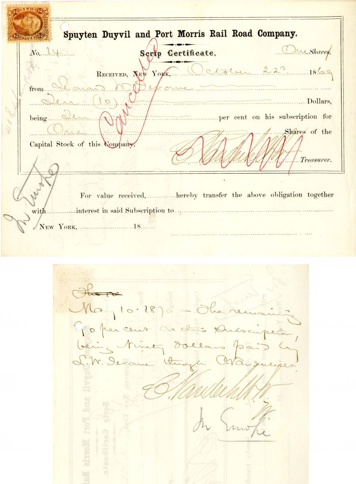 Spuyten Duyvil and Port Morris Rail Road Co. signed twice by Cornelius Vanderbilt II - Stock Certificate