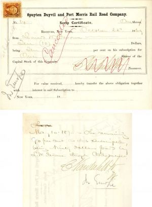 Spuyten Duyvil and Port Morris Rail Road Co. signed twice by Cornelius Vanderbilt II - Stock Certificate
