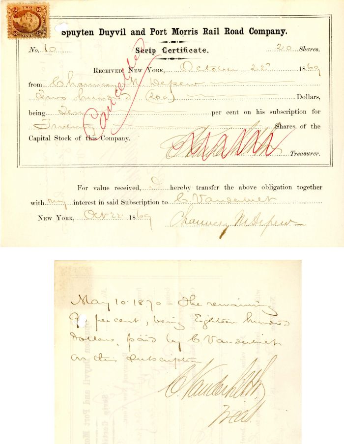 Spuyten Duyvil and Port Morris Rail Road Co. signed by Cornelius Vanderbilt II and Chauncey M. Depew - Stock Certificate