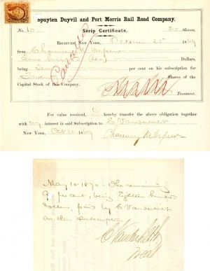 Spuyten Duyvil and Port Morris Rail Road Co. signed by Cornelius Vanderbilt II and Chauncey M. Depew - Stock Certificate