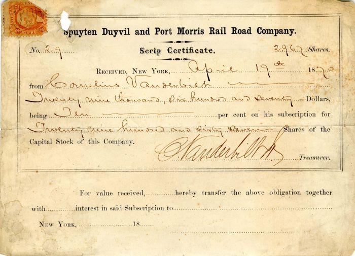 Spuyten Duyvil and Port Morris Rail Road Co. signed by Cornelius Vanderbilt Jr. from Commodore Vanderbilt - Stock Certificate