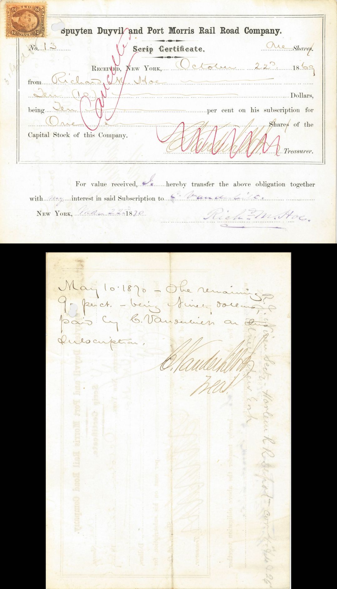 Spuyten Duyvil and Port Morris Rail Road Co. signed by Cornelius Vanderbilt Jr. and transferred to Commodore Vanderbilt - Stock Certificate