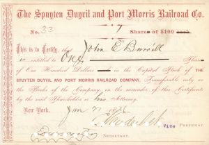 Cornelius Vanderbilt - Spuyten Duyvil and Port Morris RR - Stock Certificate