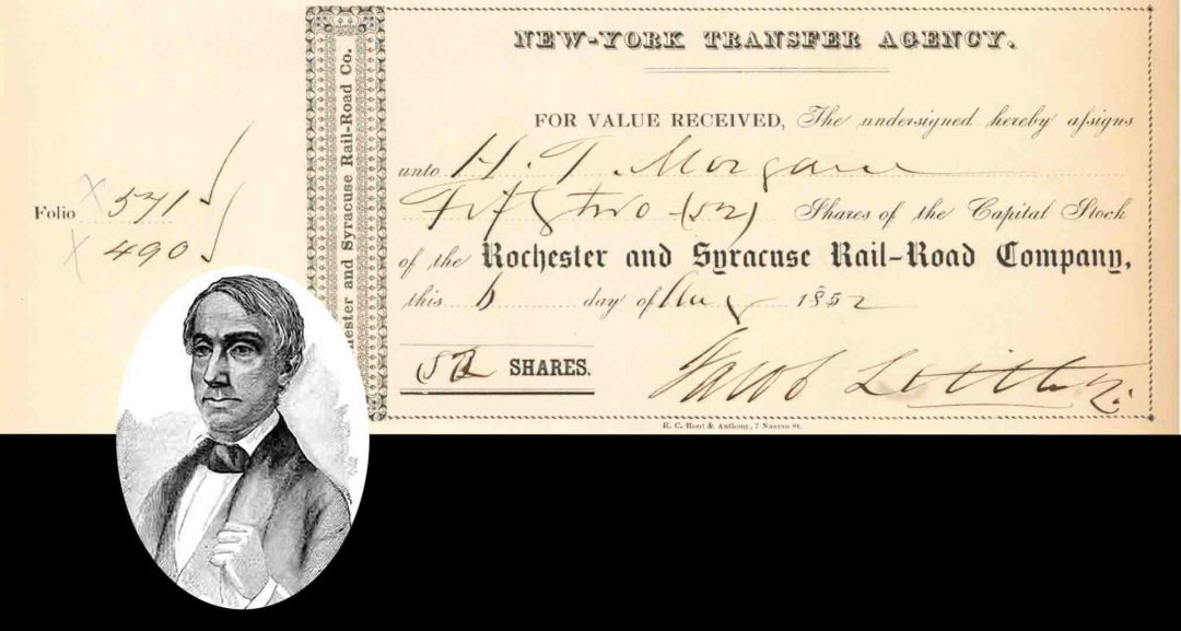 Rochester and Syracuse Railroad signed by Jacob Little - 1852 dated Autographed Stock Certificate