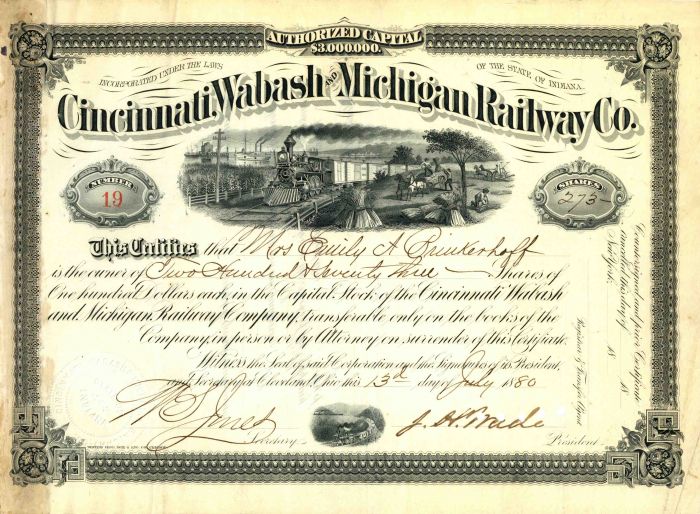 J. H. Wade autographed Cincinnati, Wabash and Michigan Railway - Railroad Stock Certificate