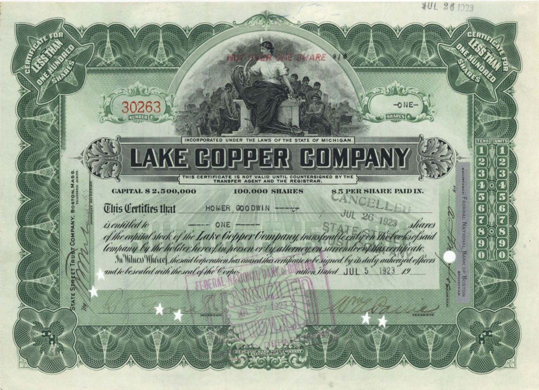 Lake Copper Co. signed by William Albert Paine - 1923 dated Autographed Stock Certificate