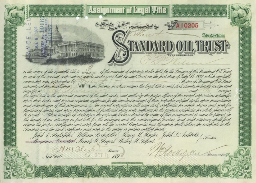 Standard Oil Trust Stock Certificate signed by William Rockefeller and Henry Flagler - Very Rare Signature Combination - 1890's dated Autograph Green Stock Certificate