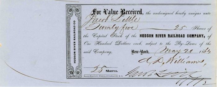 Hudson River Railroad Co. Issued to and Signed by Jacob Little - Stock Certificate