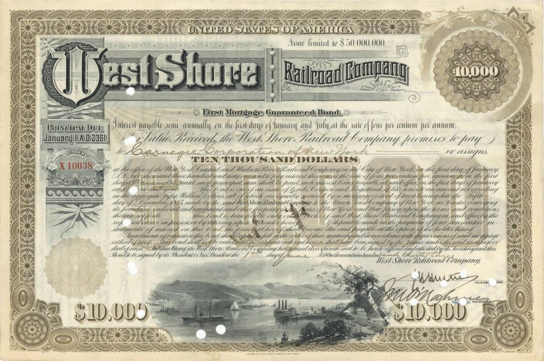 West Shore Railroad Co. Issued to Carnegie Corporation of New York - 1933-1938 dated $10,000 Bond