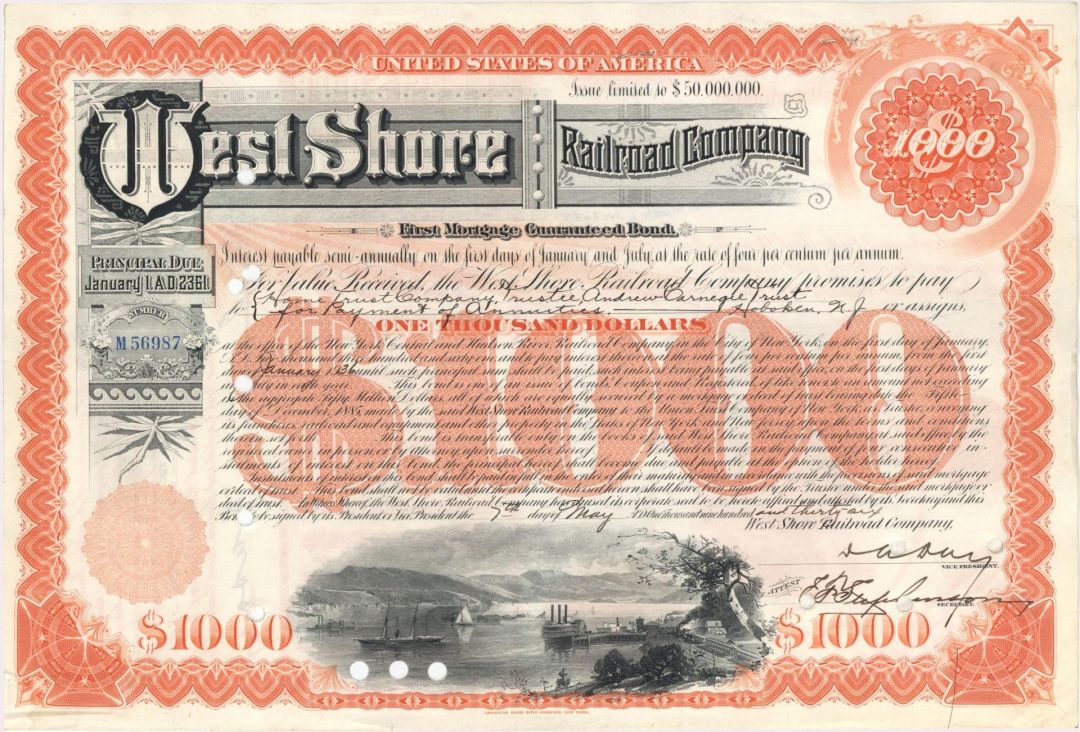 West Shore Railroad Co. Issued to Carnegie Trust - 1936 dated $1,000 Bond