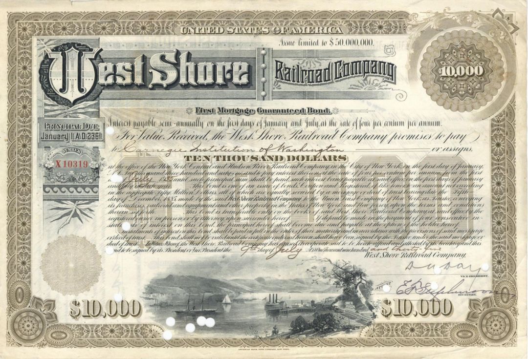 West Shore Railroad Co. Issued to Carnegie Institute of Washington - 1935 dated $1,000 Bond