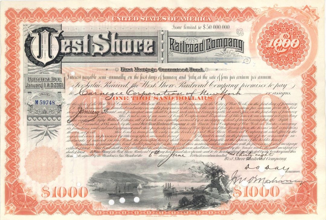 West Shore Railroad Co. Issued to Carnegie Corporation of New York - 1938 dated $1,000 Bond