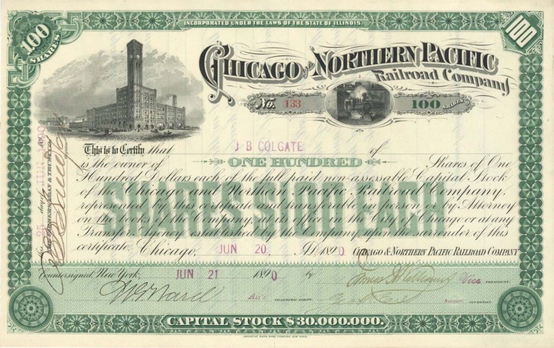 Chicago and Northern Pacific Railroad Co. (Uncanceled) -Issued to J. B. Colgate - 1890 dated Stock Certificate