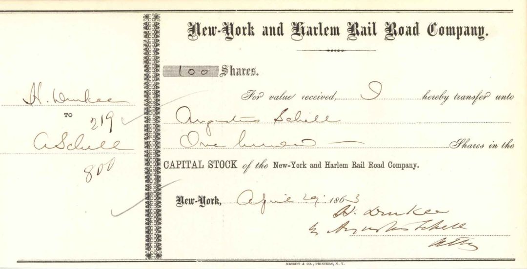 New York and Harlem Railroad Transfer Signed by Augustus Schell - 1863 dated Autographed Stock Certificate