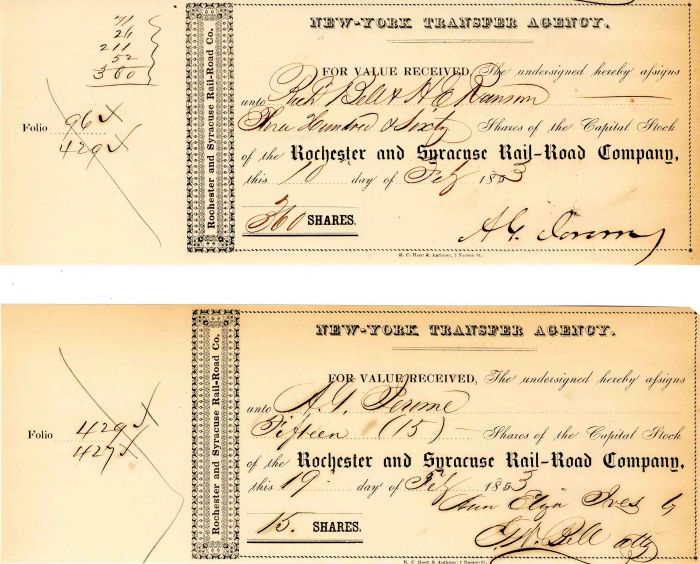 Pair of Rochester and Syracuse Rail-Road Co. 1 Issued to A.G. Jerome and 1 Signed by A.G. Jerome - Stock Certificate