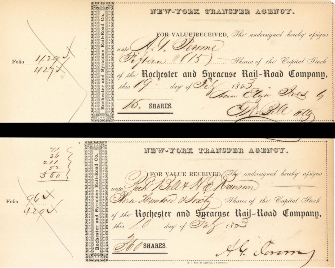 Pair of Rochester and Syracuse Rail-Road Co. 1 Issued to A.G. Jerome and 1 Signed by A.G. Jerome - 1853 dated Autographed Stock Certificate
