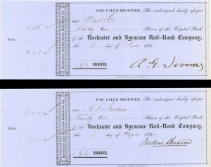 Pair of Rochester and Syracuse Rail-Road Co. 1 Issued to A.G. Jerome and 1 Signed by A.G. Jerome - 1851 dated Autographed Stock Certificate