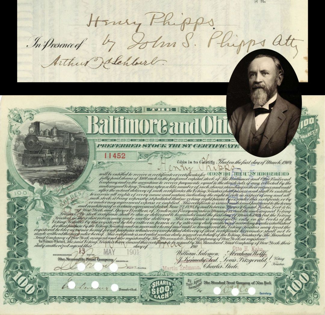 Baltimore and Ohio Railroad Stock issued to Henry Phipps and signed for by his brother, John Phipps - 1901 dated Autographed Stock Certificate