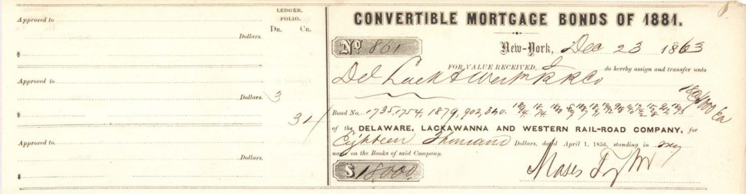 Delaware, Lackawanna and Western Railroad Transfer Receipt signed by Moses Taylor - 1863, 1864 or 1871 dated Autograph