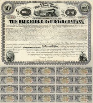 Blue Ridge Railroad Co. $1,000 Bond signed by Henry Clews - Authogragh Railway Bond