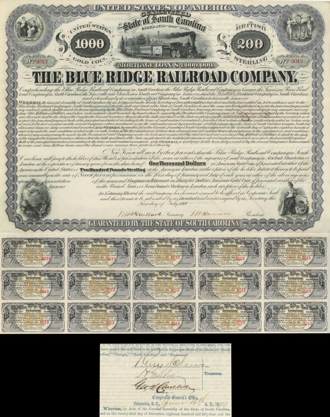 Blue Ridge Railroad Co. $1,000 Bond signed by Henry Clews - 1869 dated Authogragh Railway Bond
