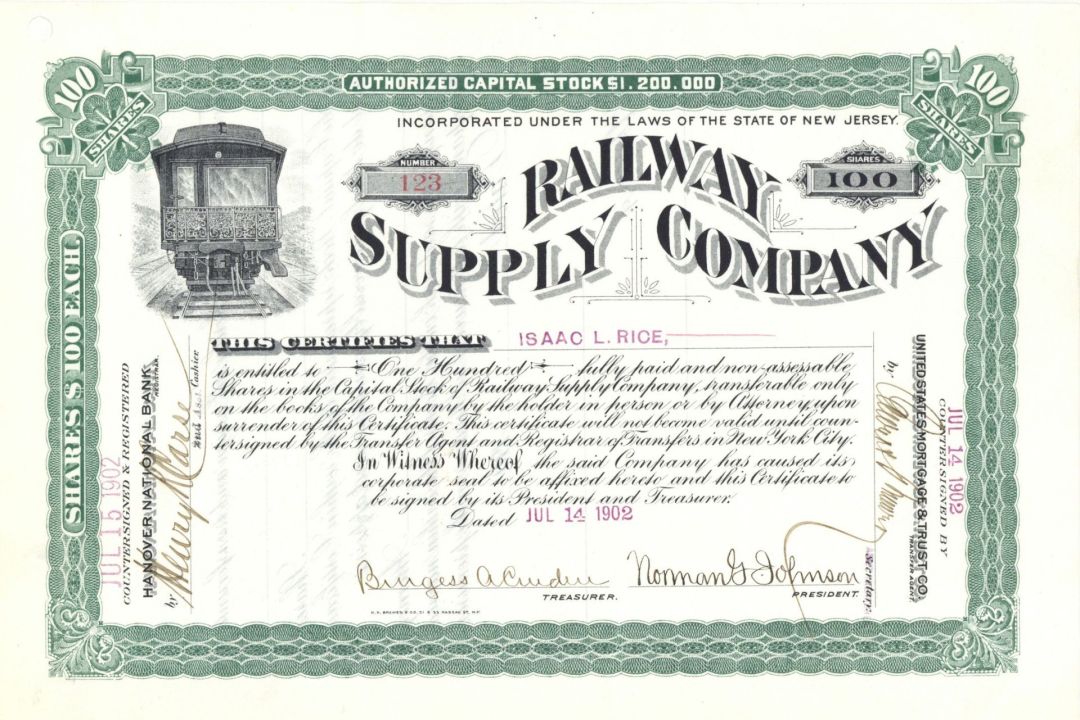 Railway Supply Co. Issued to Isaac L. Rice  - 1902 dated Stock Certificate (Uncanceled)