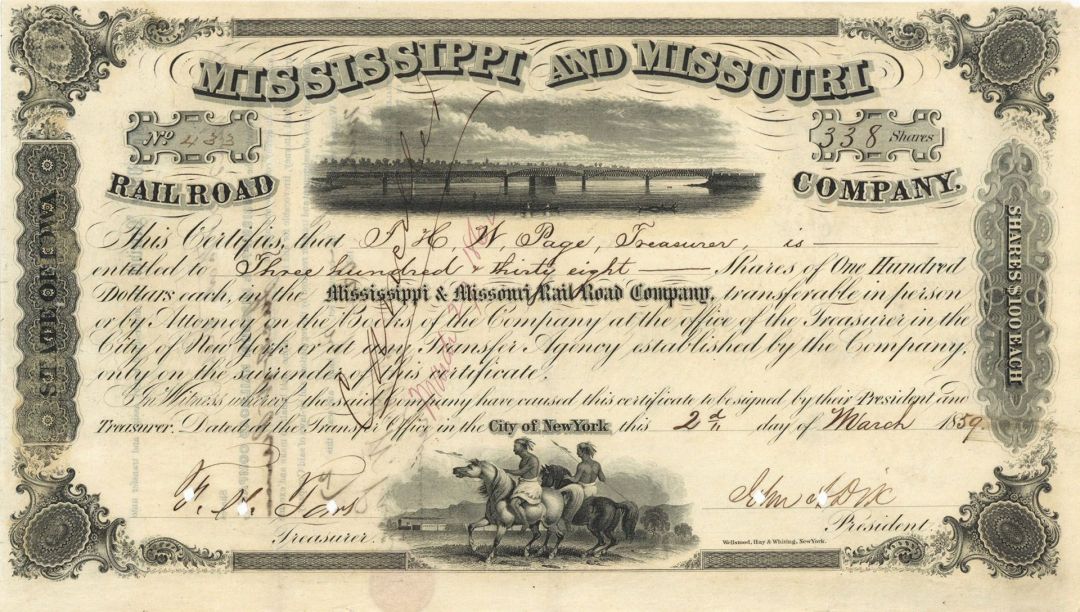 General John A. Dix - Mississippi and Missouri Railroad Co. - Stock Certificate