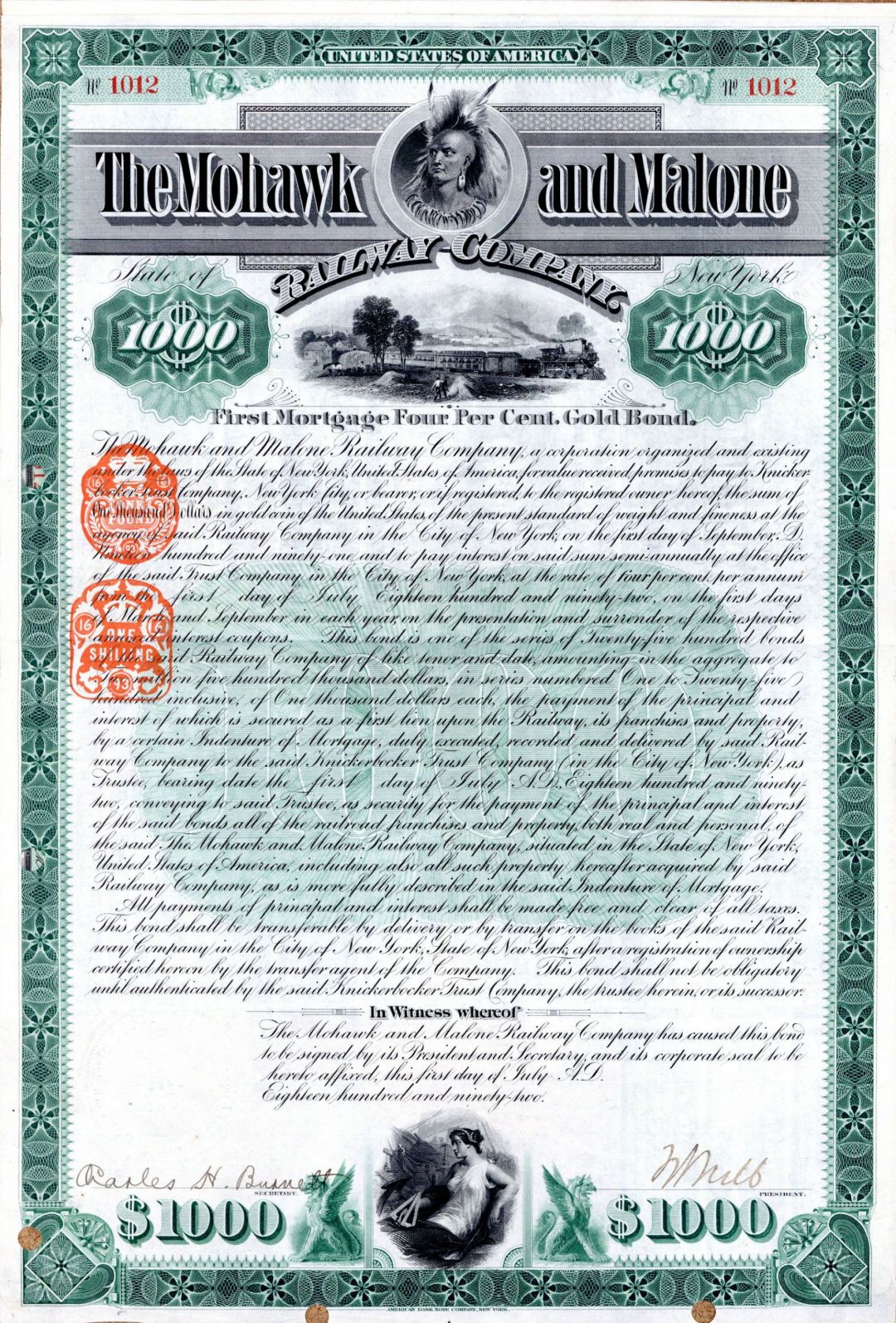 William Seward Webb signed Mohawk and Malone Railway Bond - Autograph $1,000 Railroad Gold Bond