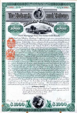 William Seward Webb signed Mohawk and Malone Railway Bond - Autograph $1,000 Railroad Gold Bond