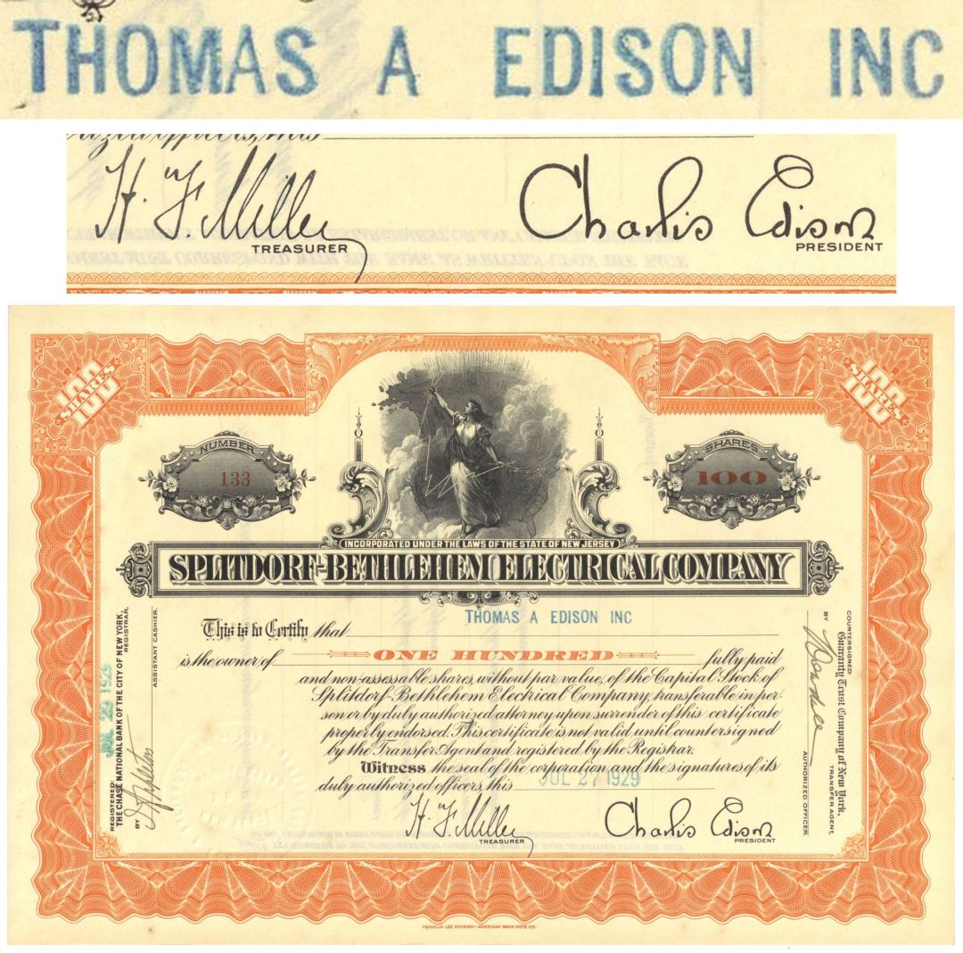 Splitdorf-Bethlehem Electrical Co. issued to Thomas A. Edison Inc. with printed signature of Charels Edison and Harry F. Miller - 1929 dated Stock Certificate (Uncanceled)