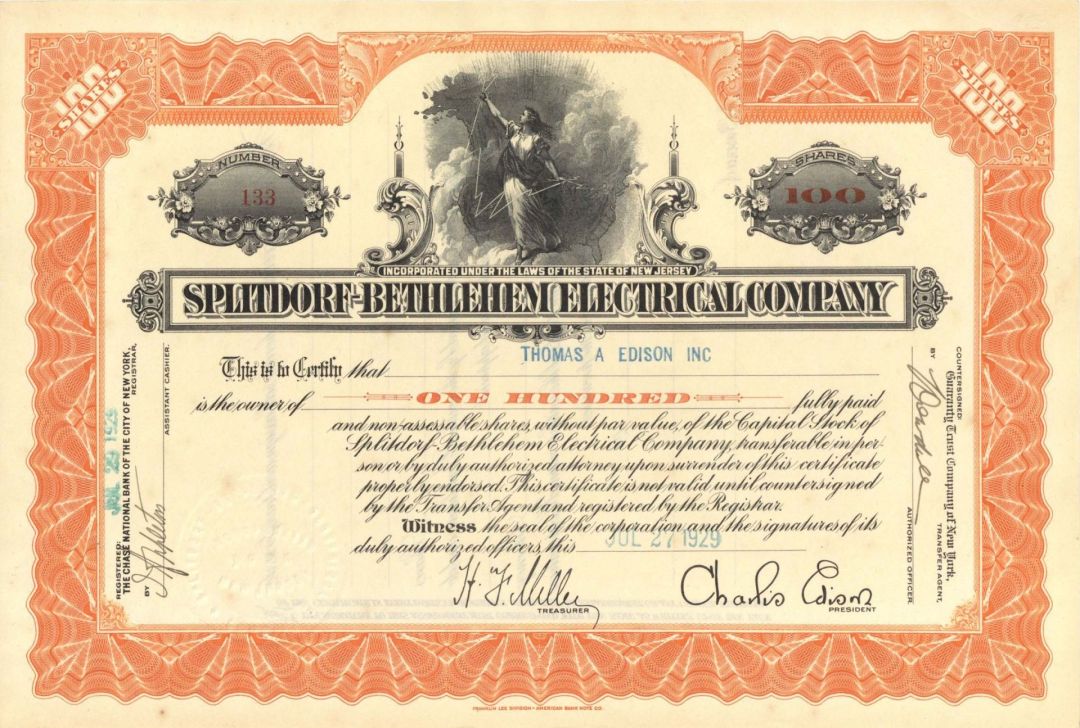Splitdorf-Bethlehem Electrical Co. issued to Thomas A. Edison Inc. with printed signature of Charels Edison  - 1929 dated Stock Certificate (Uncanceled)