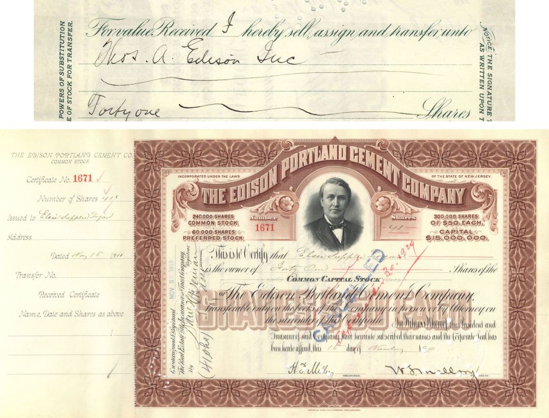 Edison Portland Cement - Transferred to Thomas A. Edison, Inc. - 1900-1920's dated Stock Certificate