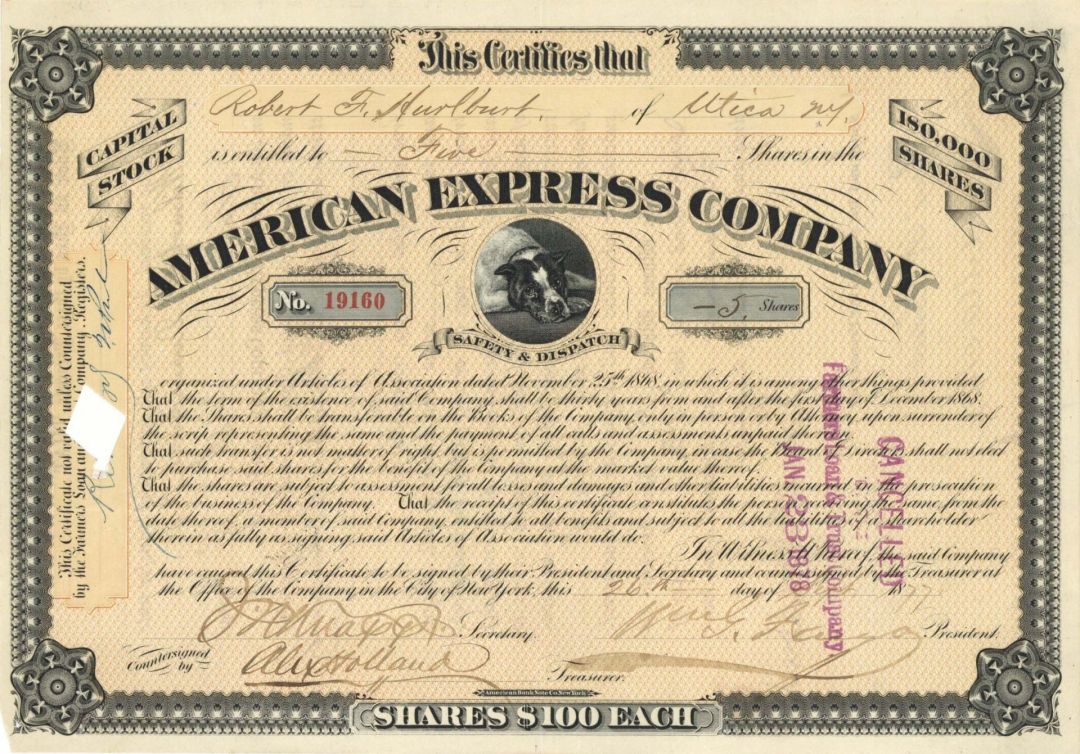 American Express Co. signed by William G. Fargo - 1873-1878 dated Autographed Stock Certificate