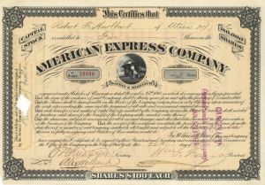 American Express Co. signed by William G. Fargo - 1873-1878 dated Autographed Stock Certificate