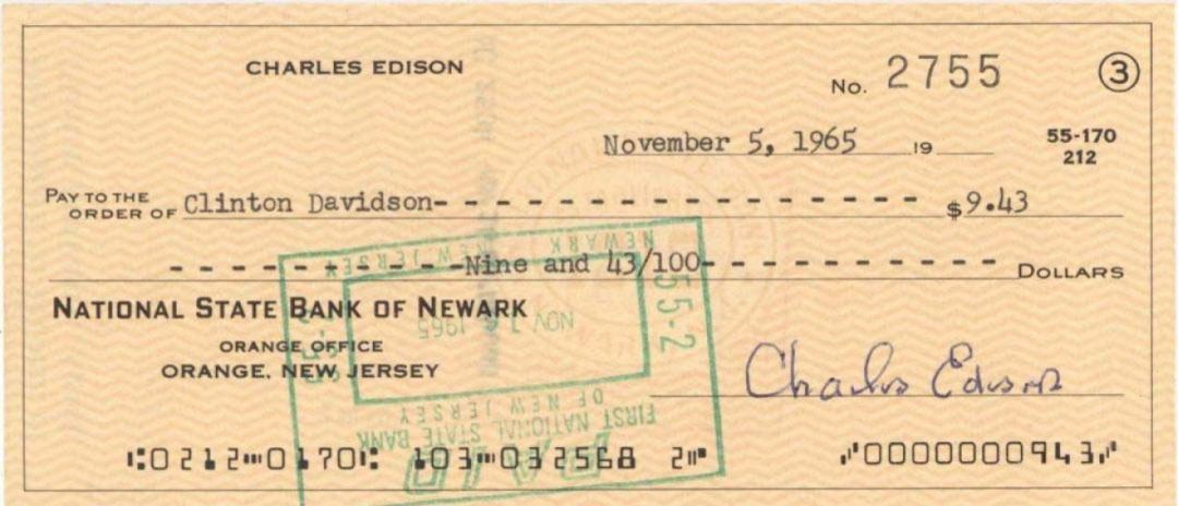 Charles Edison signed Check - 1965 dated Autograph Check
