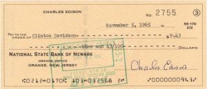 Charles Edison signed Check - 1965 dated Autograph Check