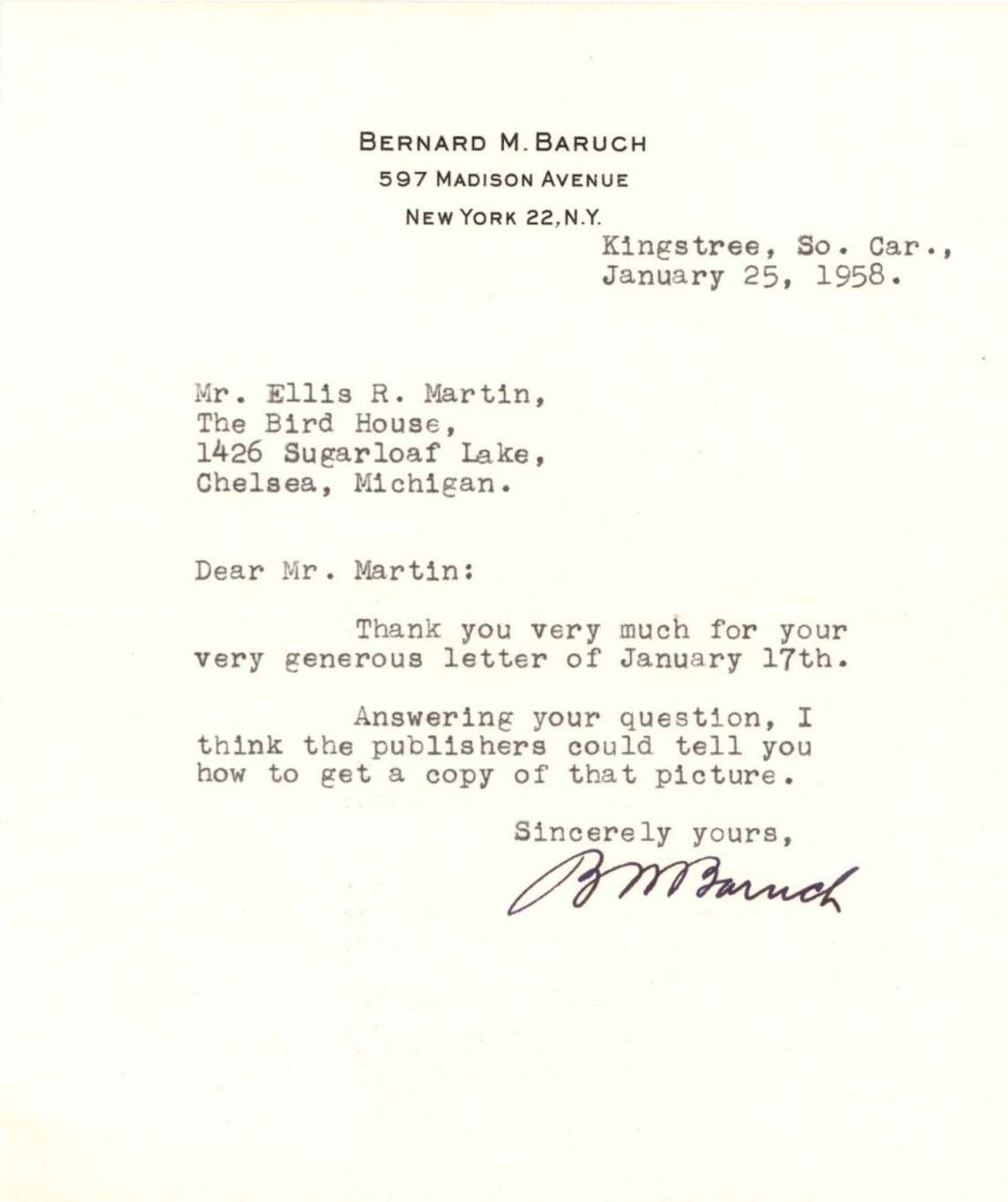 Bernard Baruch signed Letter - 1958 dated Autograph