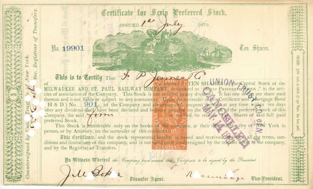Milwaukee and St. Paul Railway Co. signed by Russell Sage - Autograph Railroad Stock Certificate