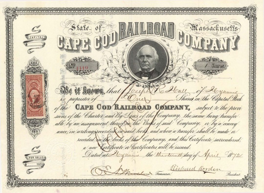 Cape Cod Railroad Co. Signed by Richard Borden - 1872 dated Autographed Stock Certificate