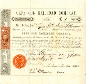 Cape Cod Railroad Co. signed by Richard Borden - Stock Certificate