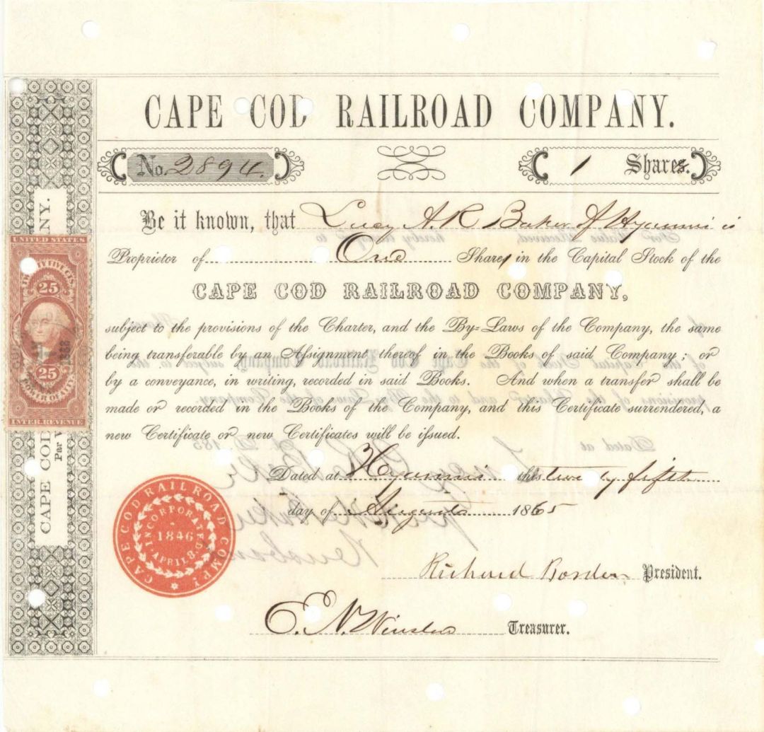 Cape Cod Railroad Co. signed by Richard Borden - 1865 dated Autographed Stock Certificate