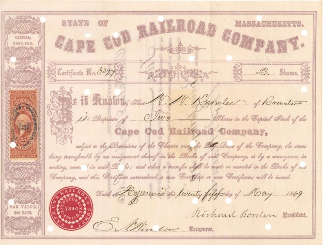 Cape Cod Railroad signed by Richard Borden - 1869-1871 dated Autographed Stock Certificate