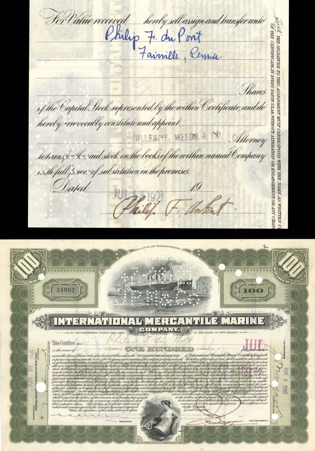 International Mercantile Marine Co. (that Made the Titanic) issued to and signed by Philip du Pont  - 1918-1921 dated Autographed Stock Certificate