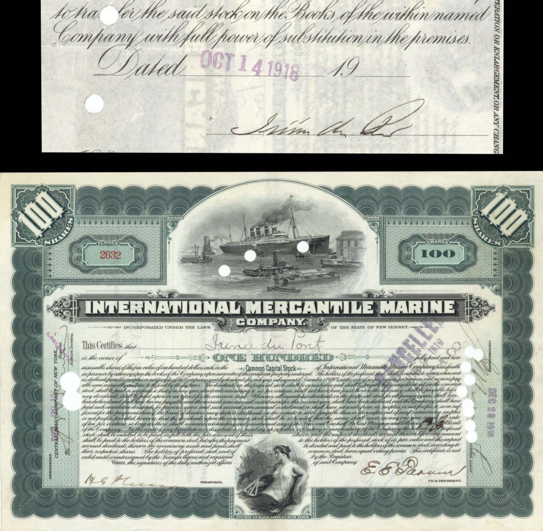 International Mercantile Marine Co. (that Made the Titanic) issued and signed by Irenee du Pont   - 1916-1918 dated Autographed Stock Certificate