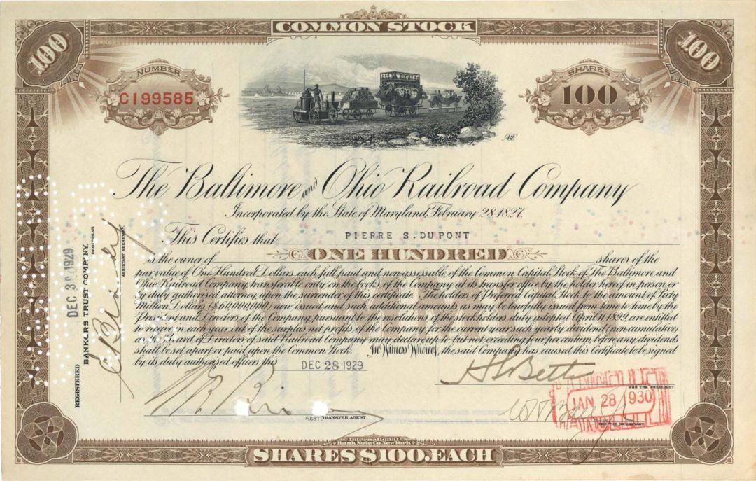 Baltimore and Ohio Railroad Co. issued to Pierre S. du Pont - 1929 dated Autographed Stock Certificate