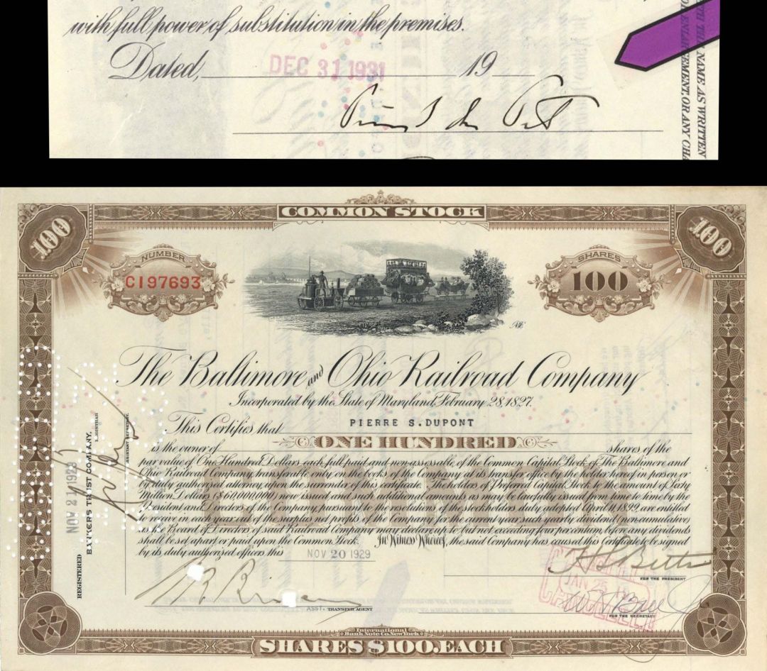 Baltimore and Ohio Railroad Co. issued to and signed by Pierre S. Du Pont - 1929 and 1931 dated Autographed Stock Certificate