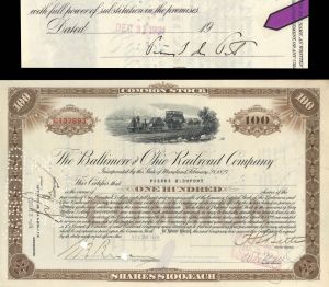 Baltimore and Ohio Railroad Co. issued to and signed by Pierre S. Du Pont - 1929 and 1931 dated Autographed Stock Certificate