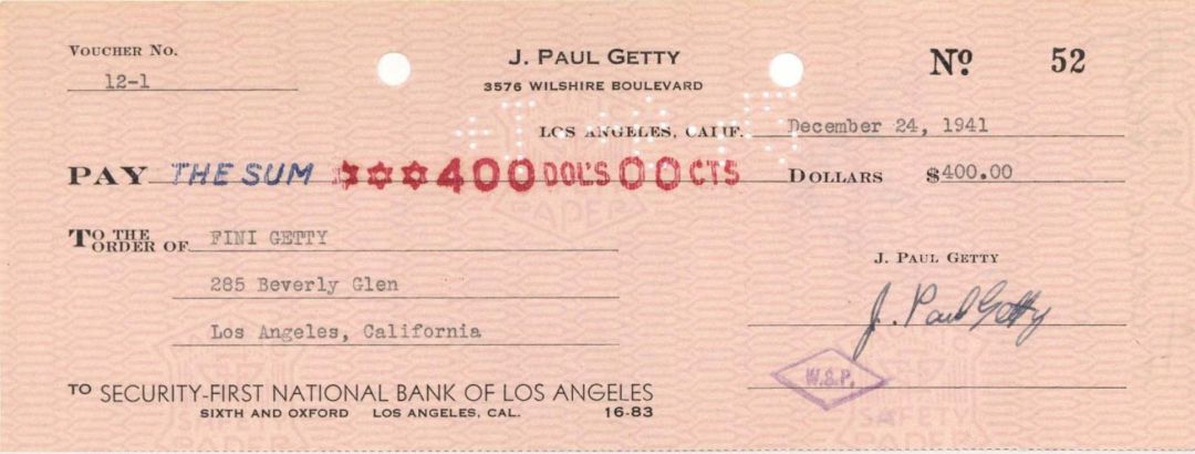 J. Paul Getty Signed Check - 1941-47 dated Autograph Check - The Man behind the Movie All the Money in the World